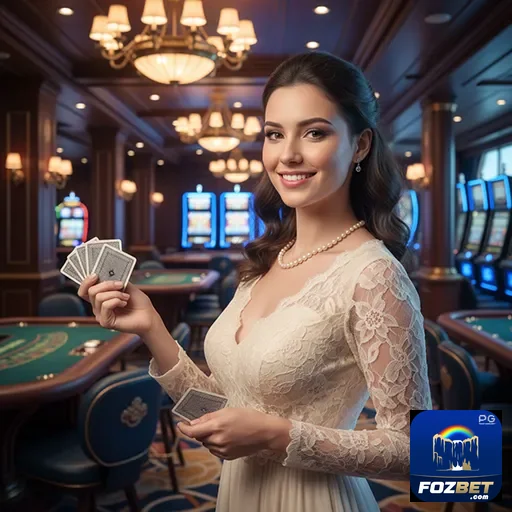 Jogadora segurando cartas em ambiente de cassino da fozbet.