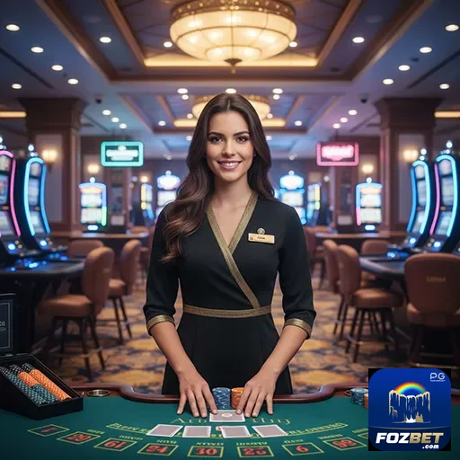 Croupier sorridente no cassino da fozbet, pronto para atender.