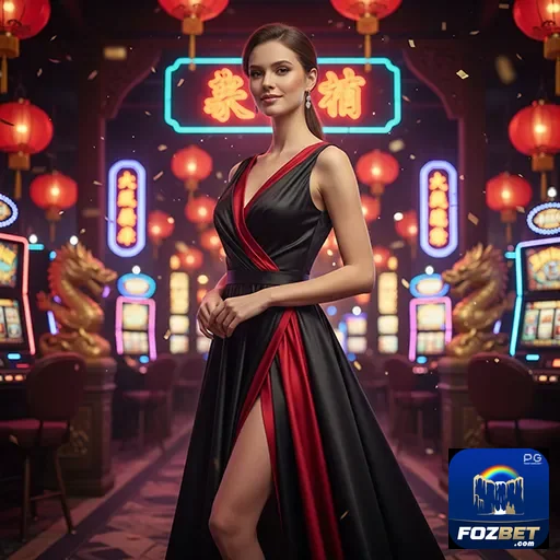 Jogadora elegante em cassino fozbet com máquinas de slots ao fundo.