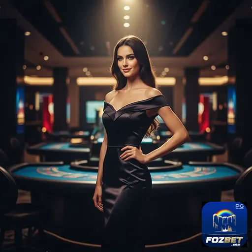 Mulher elegante em cassino, representando serviços VIP da fozbet.