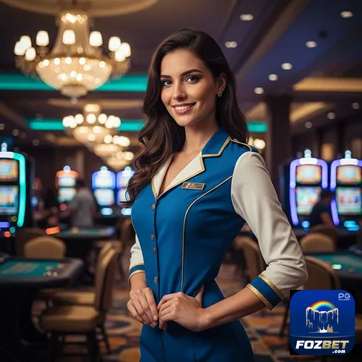 Atendente da fozbet em frente a máquinas de slots.
